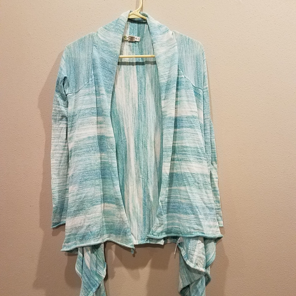 Women's Akini Boutique knit baby blue & white long cardigan sweater